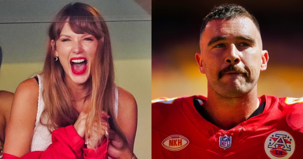 Travis Kelce smiling. Taylor Swift at Chiefs game