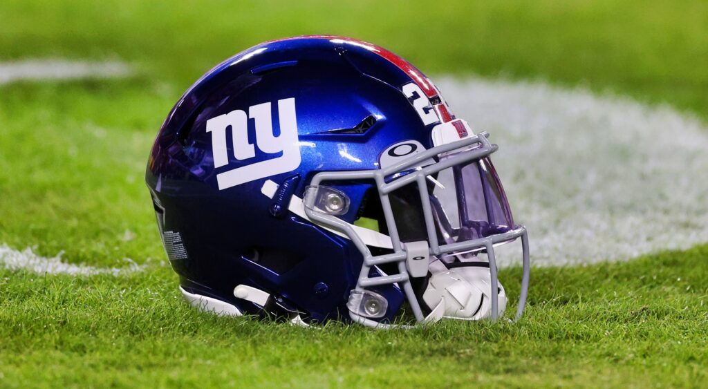 New York Giants helmet on the field.