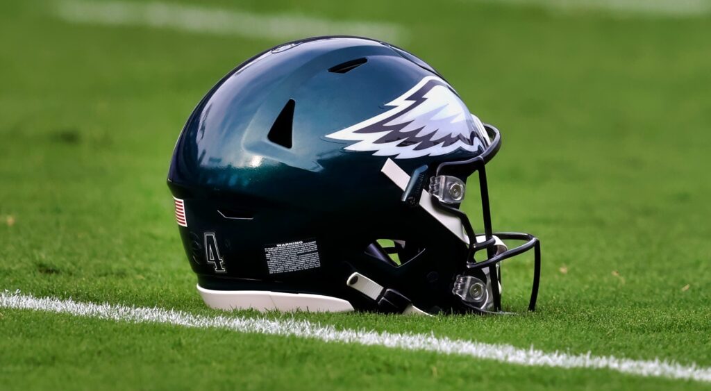 Philadelphia Eagles helmet shown on field.