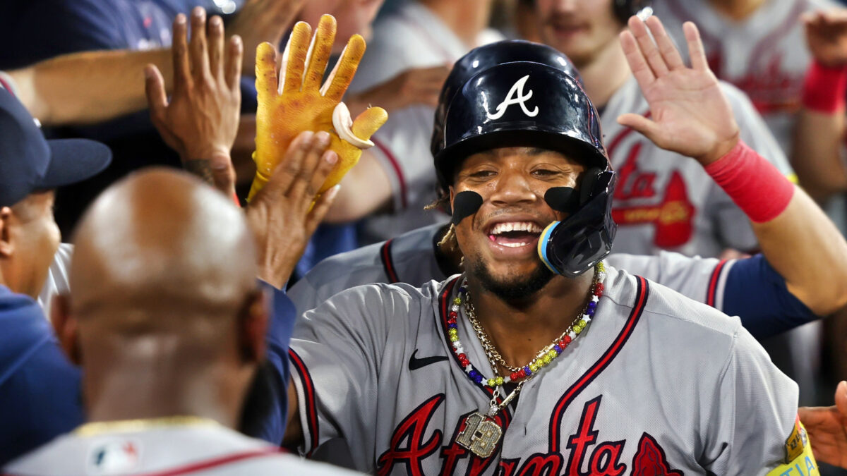 Atlanta Braves' Ronald Acuna Jr. poses for a photograph with fans after the  team's 5-3