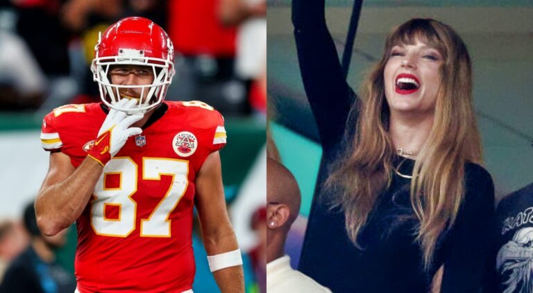 Taylor Swift laughing. Travis Kelce in uniform