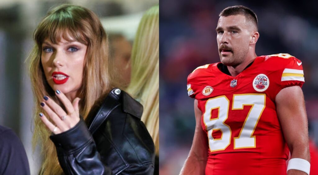 Travis Kelce in uniform. Taylor Swift in black jacket