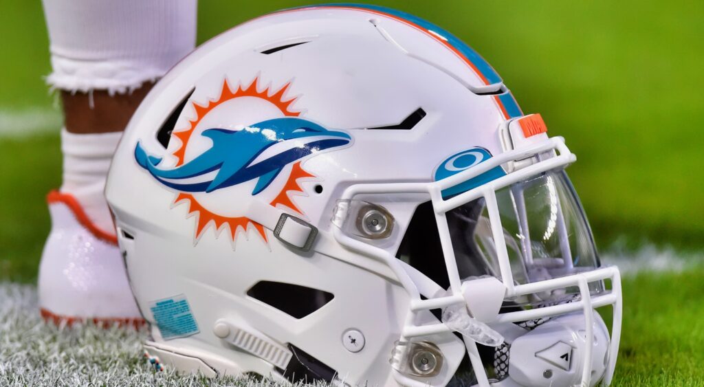 Dolphins helmet on the field.