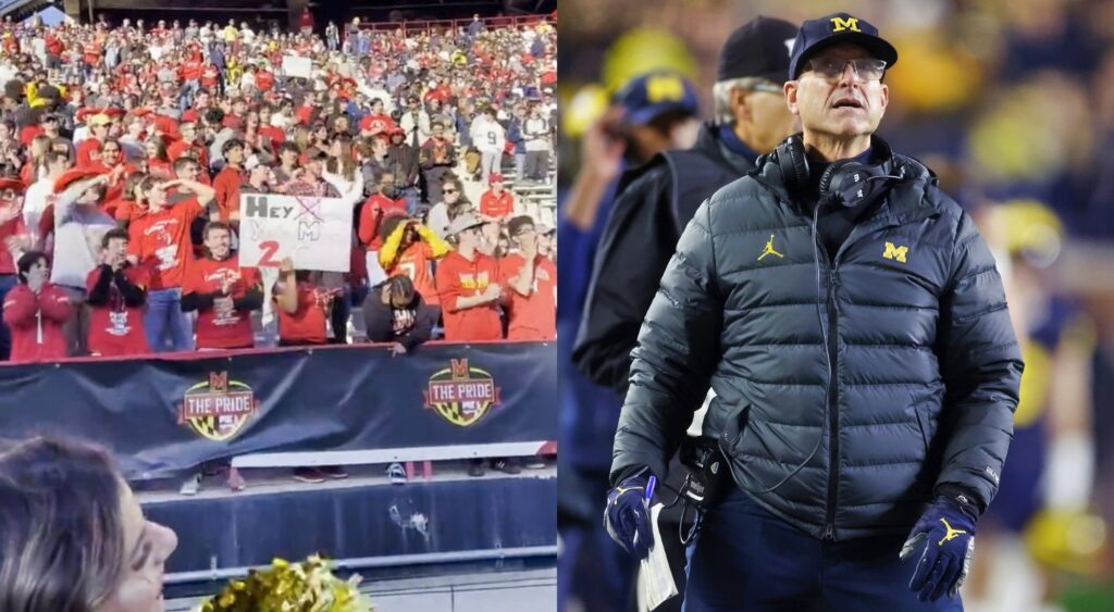 Photo of Maryland fans in the stands and photo of Jim Harbaugh looking upward