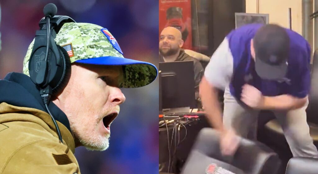 Sean McDermott looking on (left). Screenshot of Barstool Sports employee reacting (right).