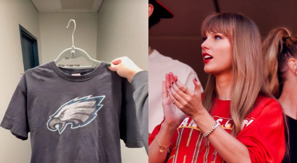 Philadelphia Eagles shirt on a hanger (left). Taylor Swift looking on during game (right).