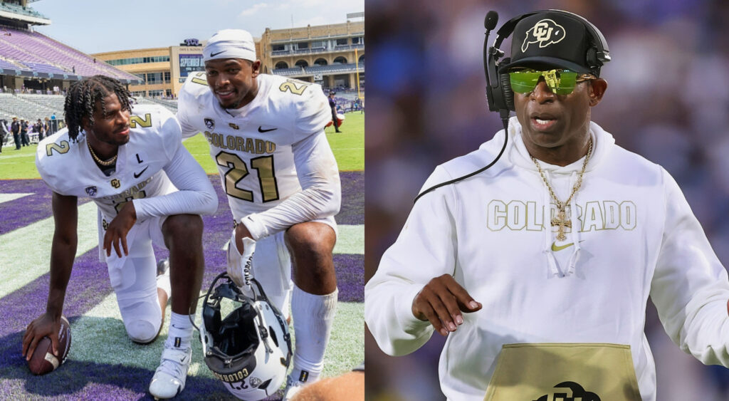 Photo od Shedeur Sanders and Shilo Sanders kneeling and photo of Deion Sanders gesturing