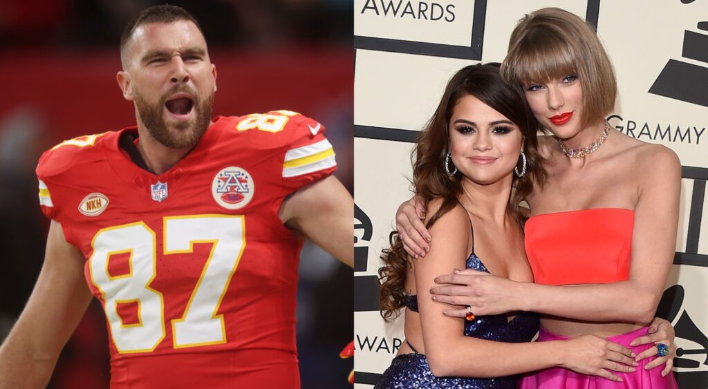 Taylor Swift and Selene Gomez hugging. Travis Kelce in uniform