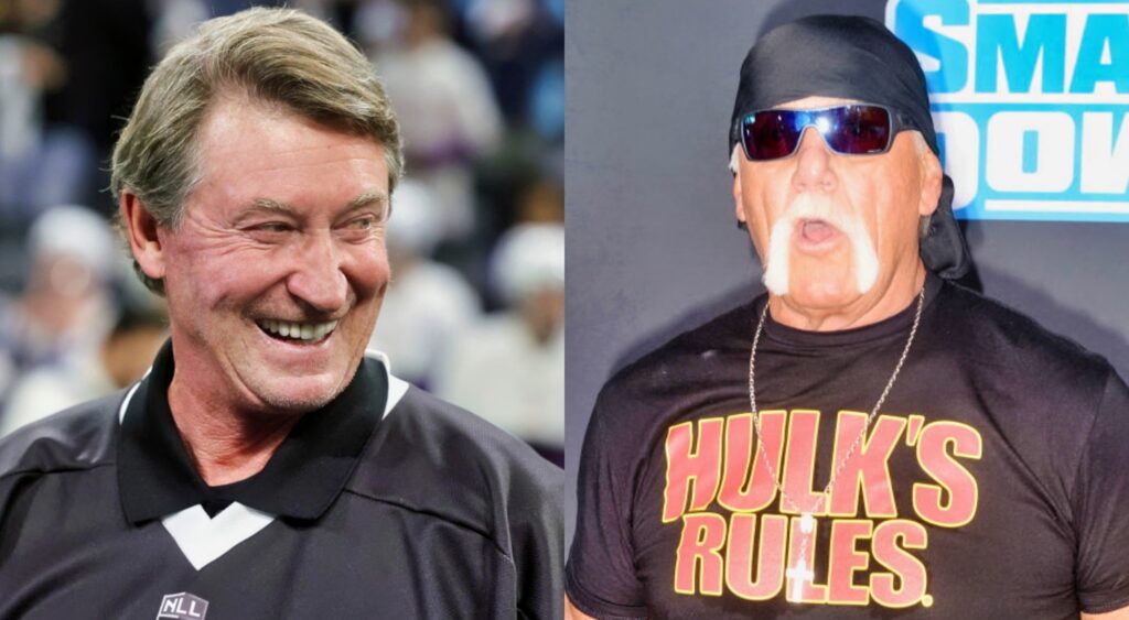 Wayne Gretzky smiling. Hulk Hogan with mouth open