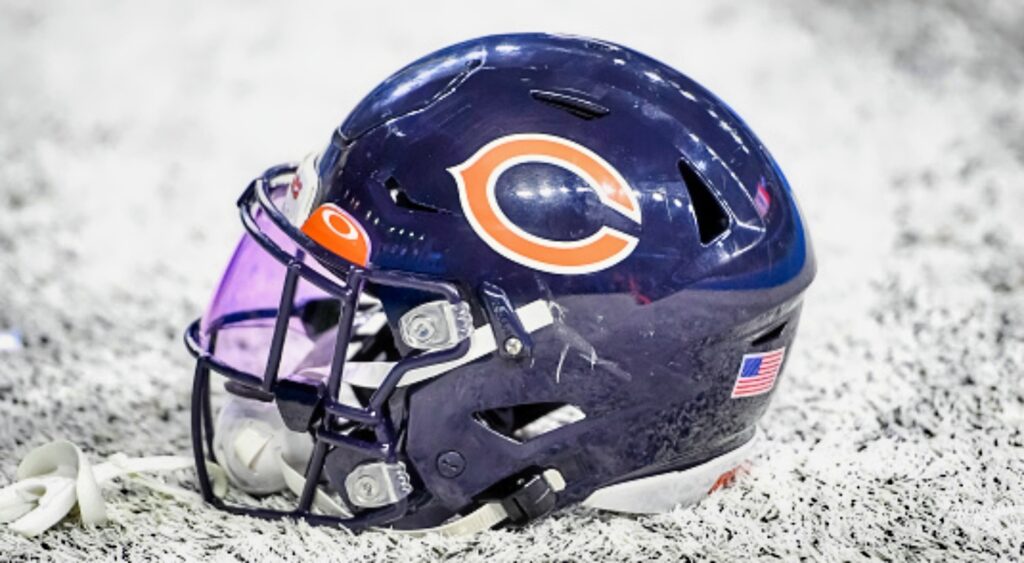 Chicago Bears helmet on the field.