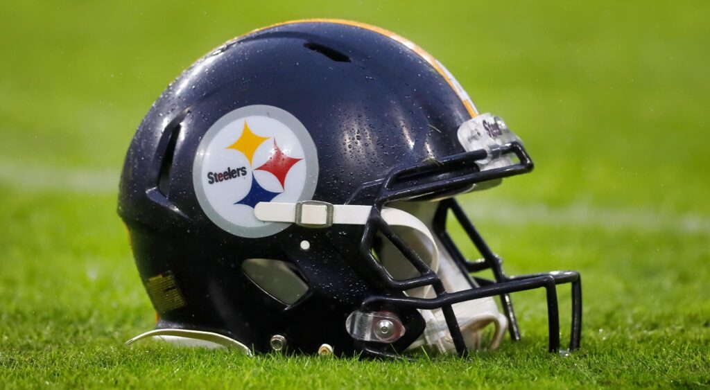 Pittsburgh Steelers helmet shown on field.