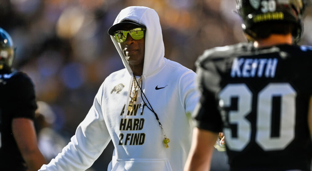 Deion Sanders in white Colorado hoodie