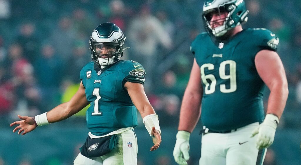 Jalen hurts reacts after an incomplete pass.