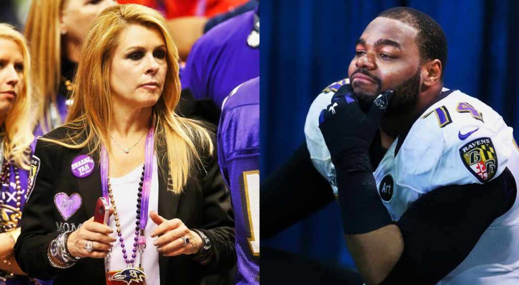 Photo of Leigh anne Tuohy celebrating Super Bowl win and photo of Michael Oher with a hand on his chin