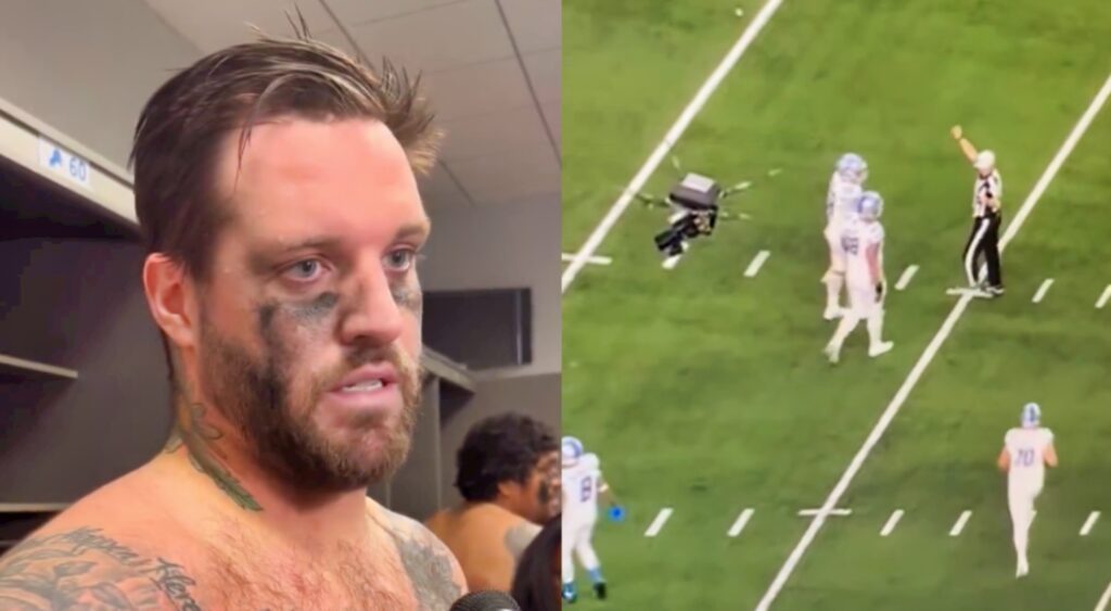 Taylor Decker speaking to reporters (left). Decker talking to NFL referee (right).