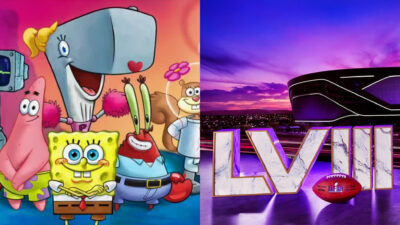 Photo of SpongeBob SquarePants cast and Super Bowl 58 graphic