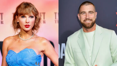 Photos of Taylor Swift in blue dress and Travis Kelce in white suit