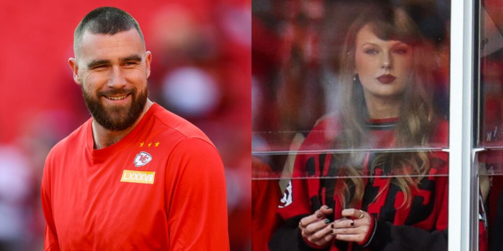 Travis Kelce smiling in chiefs shirt. Taylor Swift in suite