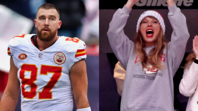 Photo of Travis Kelce in Chiefs gear and photo of Taylor Swift cheering