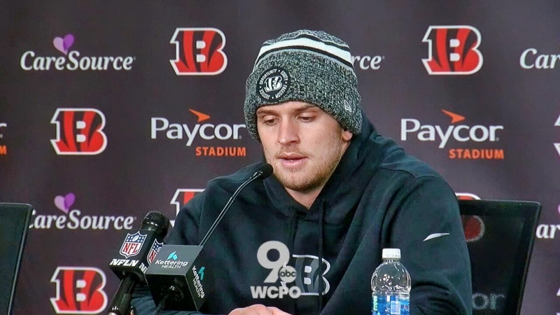 Cincinnati Bengals quarterback Jake Browning speaking to media.