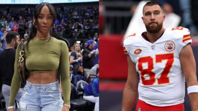 Travis Kelce IN UNIFORM and Kayla Nicole posing at NBA game