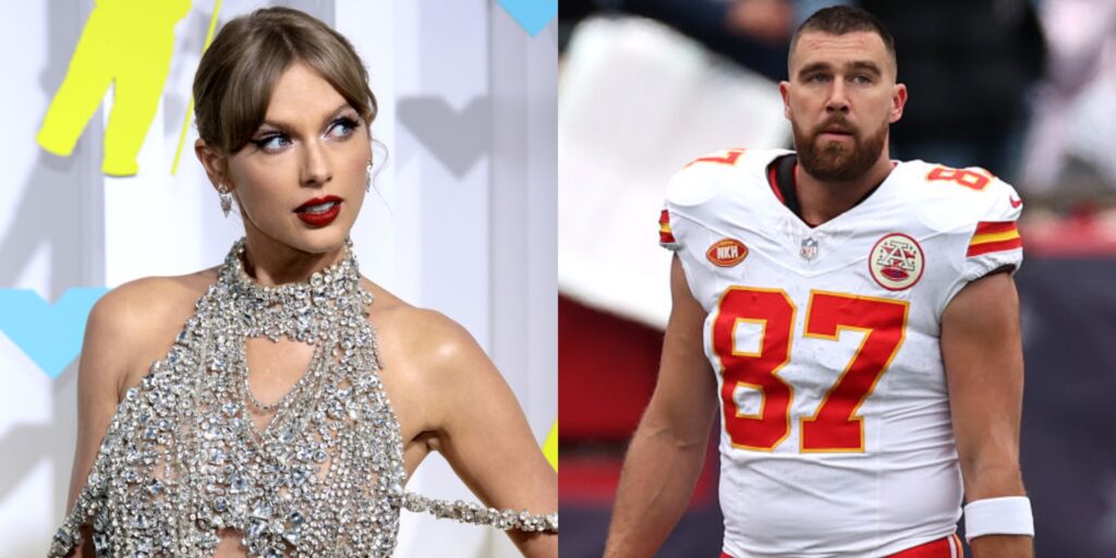 travis kelce in uniform. taylor swift posing