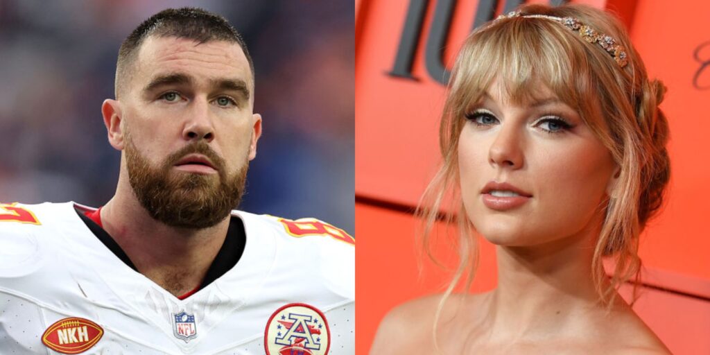 travis kelce in uniform. taylor swift posing