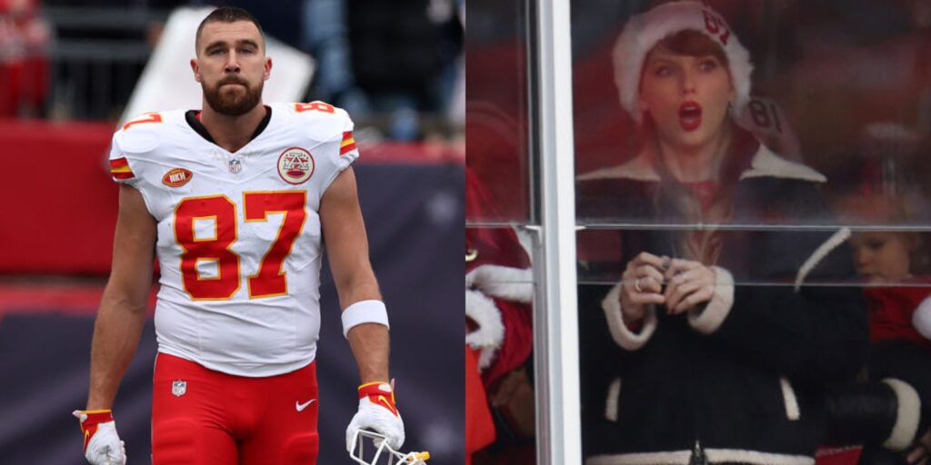 travis kelce in uniform. taylor swift in suite with shocked face