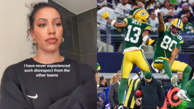 Photo of Darian Lassiter speaking in TikTok video and photo of Packers players celebrating touchdown