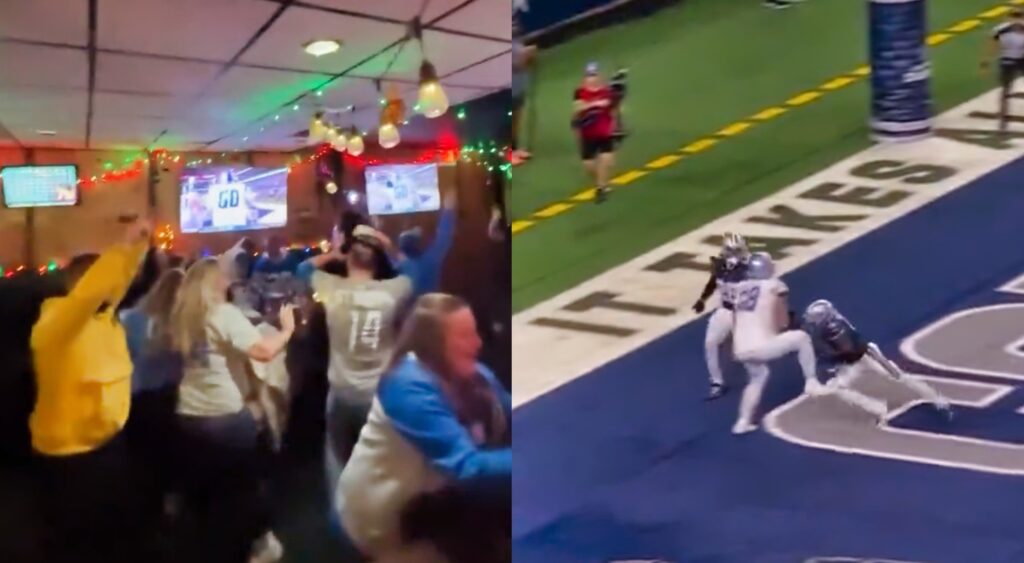 Detroit Lions fans at bar (left). Taylor Decker catching a pass (right).