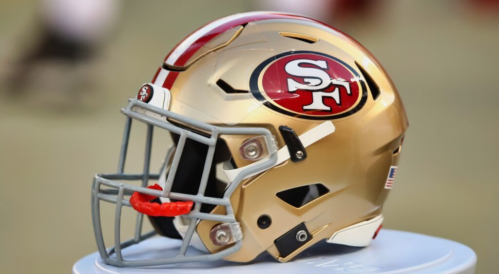 49ers helmet on the bench.