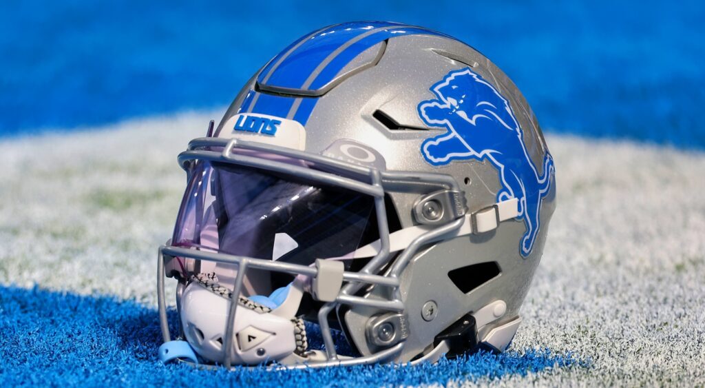 Detroit Lions helmet shown on field.