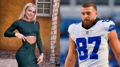 Photo of Haley Cavinder in green outfit and photo of Jake Ferguson in Cowboys jersey
