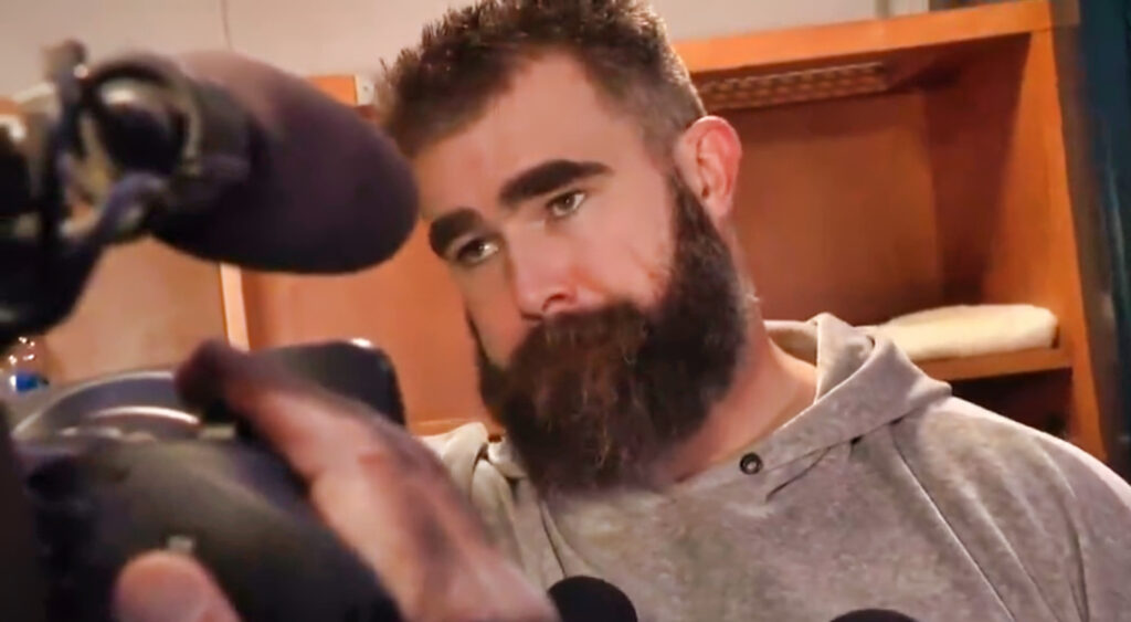 Jason Kelce speaking to reporters