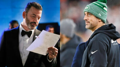 Photo of Jimmy Kimmel looking at sheet of paper and photo of Aaron Rodgers smiling