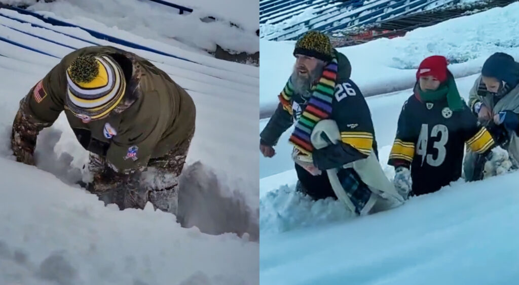 Photos of fans moving through snow at Highmark Stadium