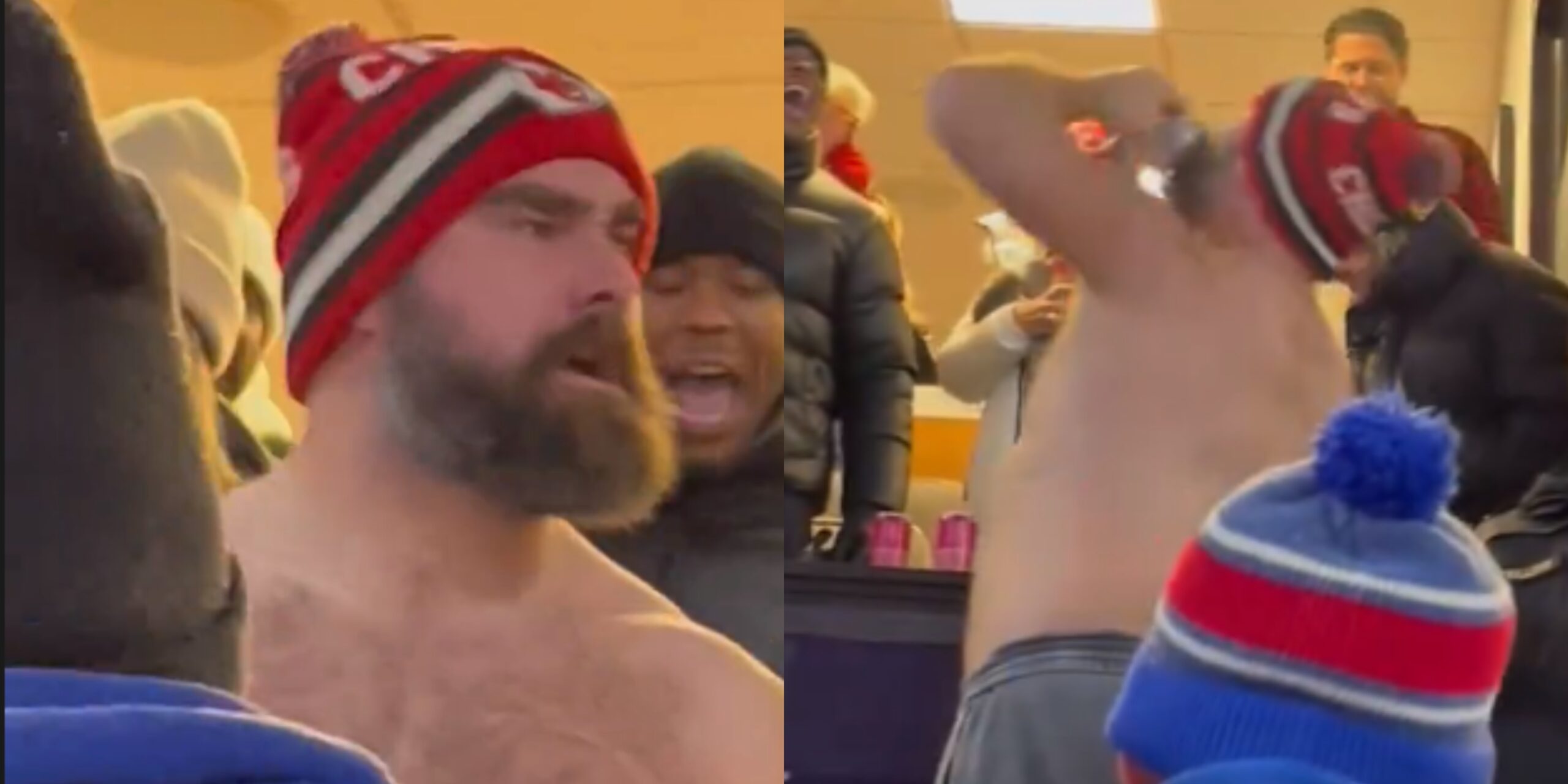Shirtless Jason Kelce Jumps Out Of Suite & Chugs For Bills Fans