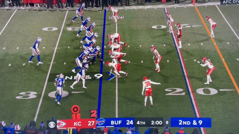 Buffalo Bills preparing to run offensive play vs. Kansas City Chiefs.