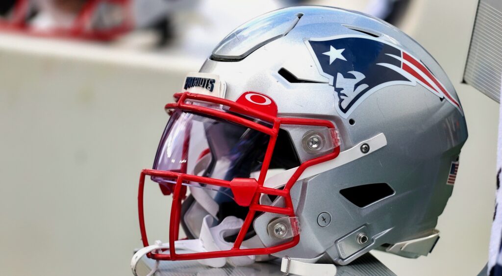 Patriots helmet on the bench.