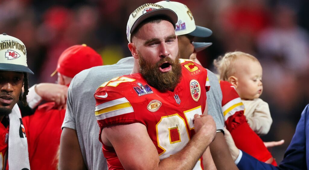 Travis Kelce in uniform at Super Bowl