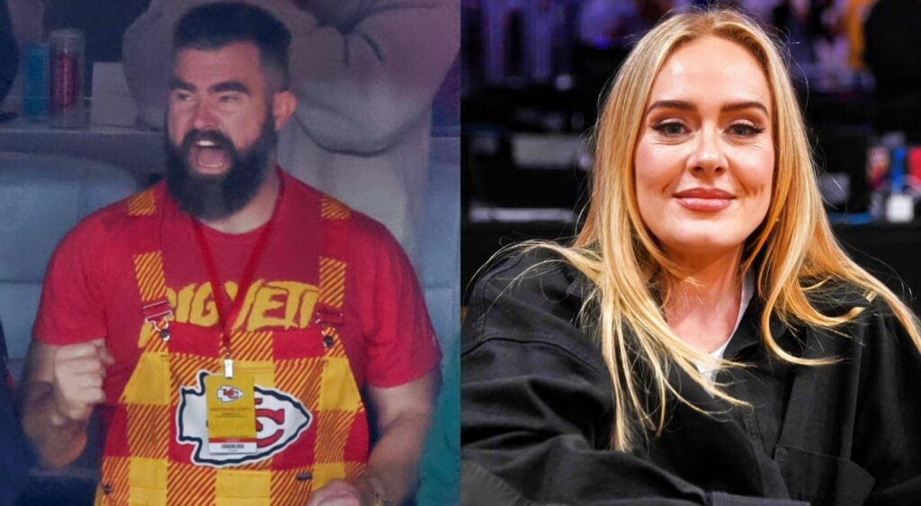 Jason Kelce yelling at super bowl. adele sitting courtside.