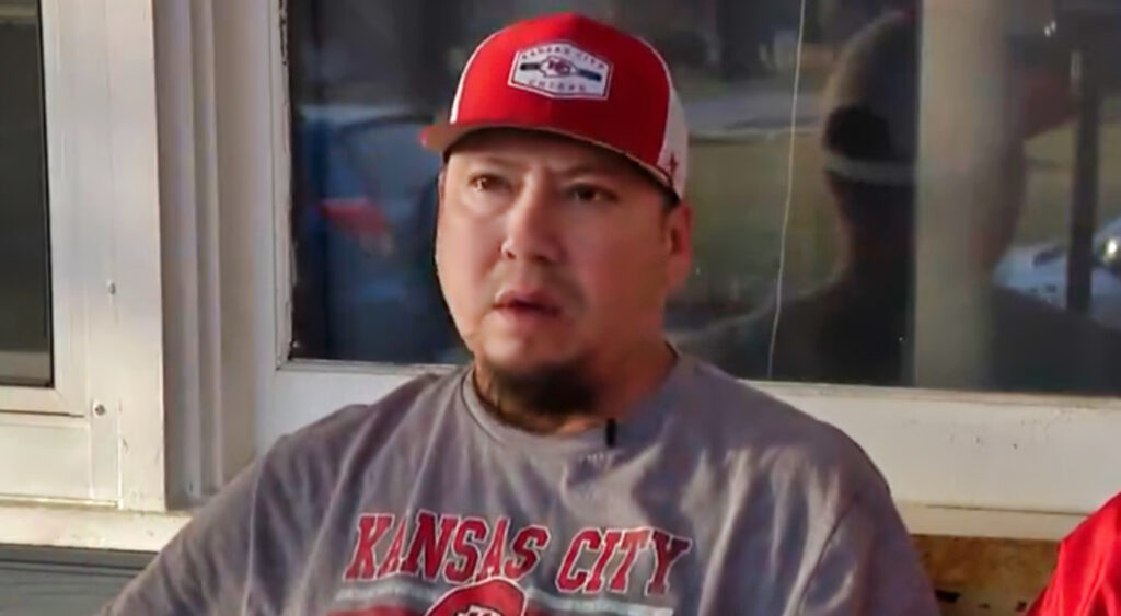 Chiefs fan Paul Contreras speaking to reporter