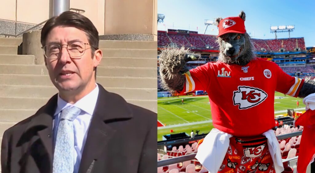 Lawyer Matthew Merryman speaking (left). Chiefs superfan "ChiefsAholic" at game (right).