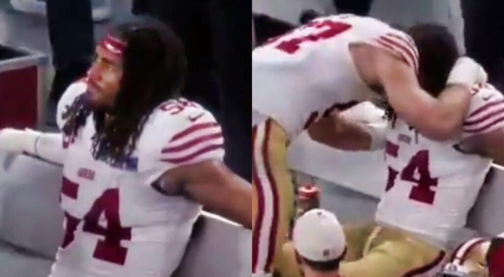 Fred Warner on bench and Warner being comforted by Nick Bosa