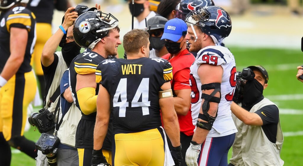 T.J. Watt #90, Derek Watt #44 of the Pittsburgh Steelers and J.J. Watt #99