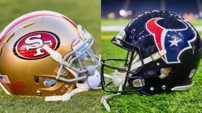 49ers and texans helmet on ground