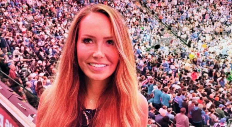 Luka Doncic mother Mirjam Poterbin posing at NBA game