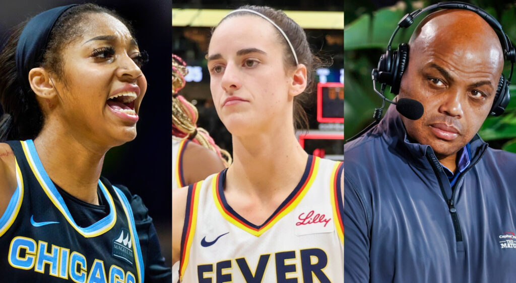 Angel Reese in Sky uniform, Caitlin Clark in Fever uniform and Charles Barkley with a headset