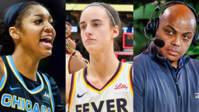 Angel Reese in Sky uniform, Caitlin Clark in Fever uniform and Charles Barkley with a headset