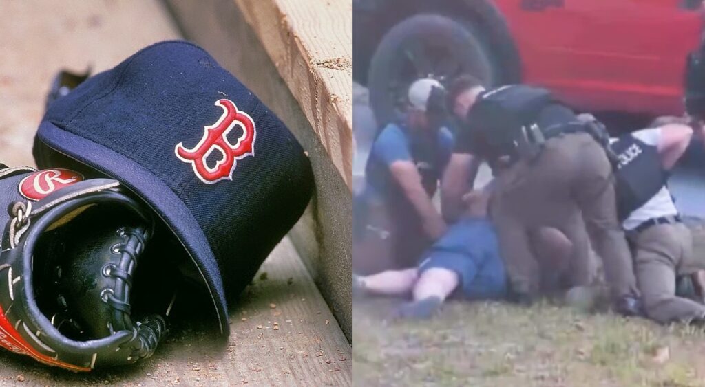 Austin Maddox being arrested by cops. Boston Red Sox cap on MLB glove.